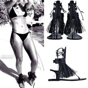 Marios Schwab Rihanna Black Ancient Greek Gladiator Sandals Fringe Womens 36